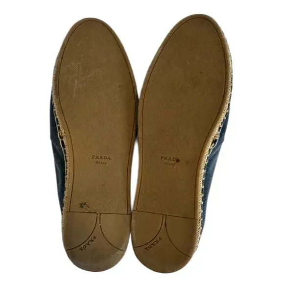 Prada Logo Blue Denim Espadrilles Size 37 Designer Slip On Flats Authentic - Picture 11 of 12
